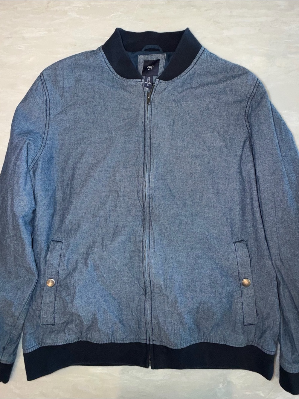Gap Men’s XL Blue Chambray Bomber Jacket Lightweight Full Zip Cotton